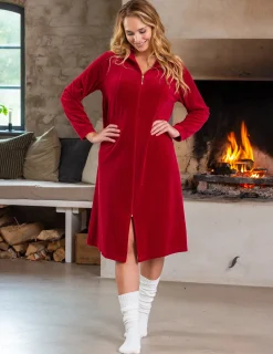 Morgonrock Dragkedja Velour Röd