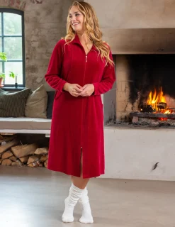 Morgonrock Dragkedja Velour Röd