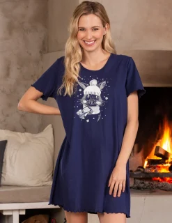 Nattlinne Bomull Winterbunny Marinblå